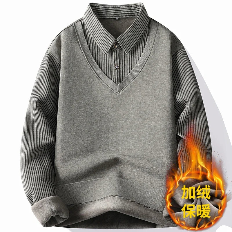 Elastic Knitted Pullover Men Collared Fake Two Piece Full Inner Fleece Thermal Vertical Stripe Long Sleeve Basic Everyday Wear
