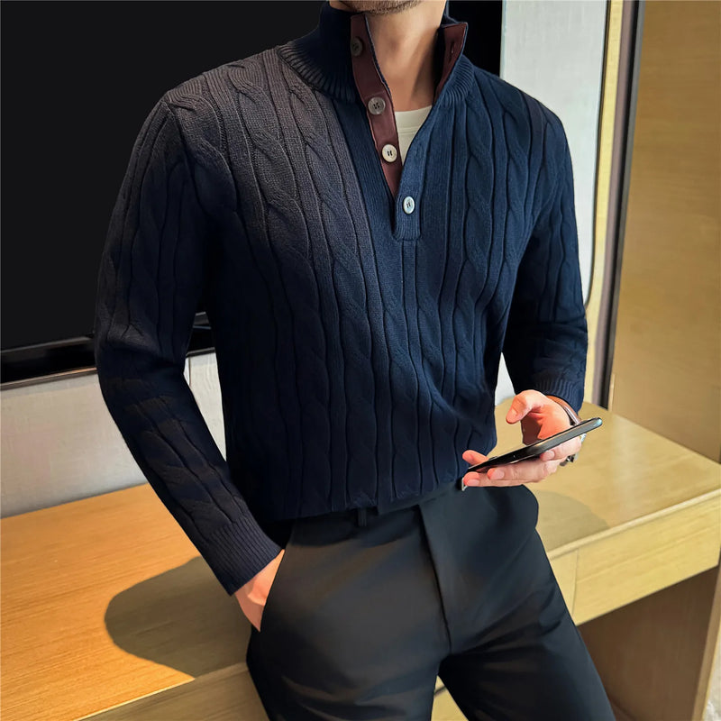 Men's Polo Collar Knit Sweater, Shell Buttons Design, High-quality Wool Blend, Old Money Style