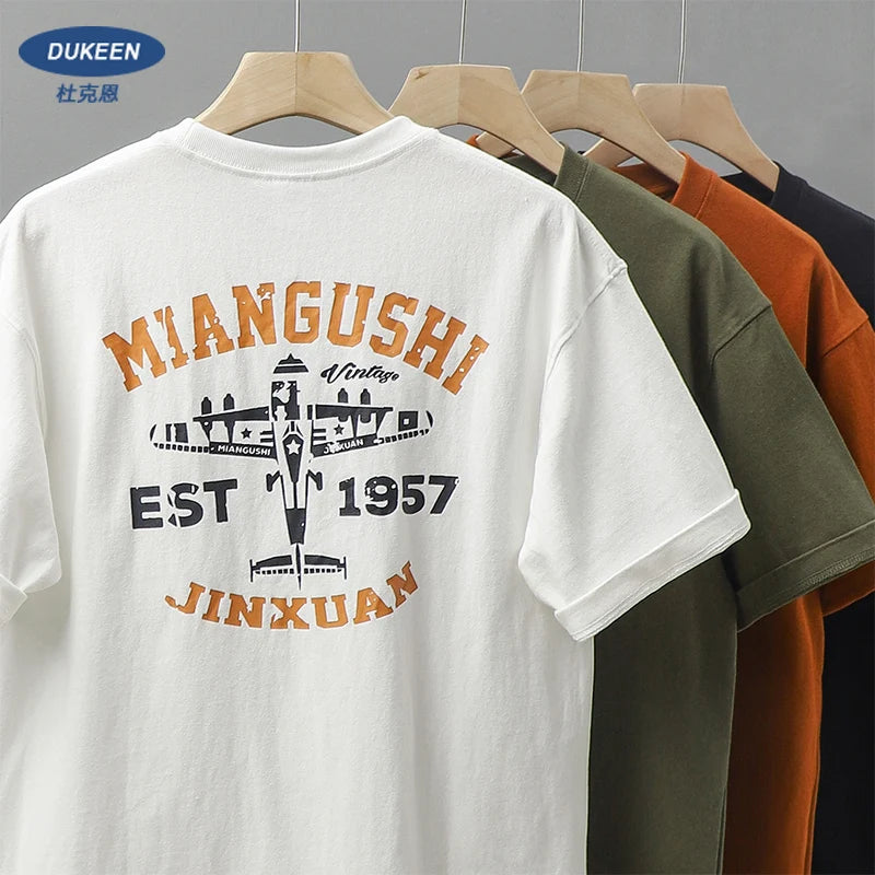 Dukeen 320g Heavyweight Short Sleeved T Shirt Men Summer Vintage Aeroplane Printing 100% Cotton Casual Tops Unisex