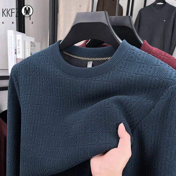 Men Thick Fleece Lined Knit Pullover Long Sleeve Crew Collar Full Embossed Letter Relax Fit Daily Wear Top