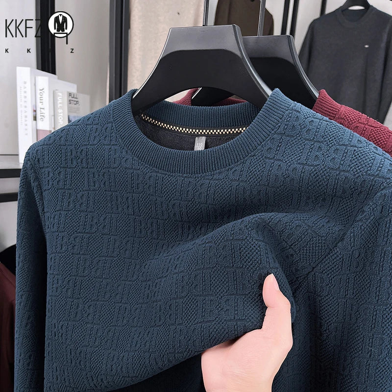 Men Thick Fleece Lined Knit Pullover Long Sleeve Crew Collar Full Embossed Letter Relax Fit Daily Wear Top