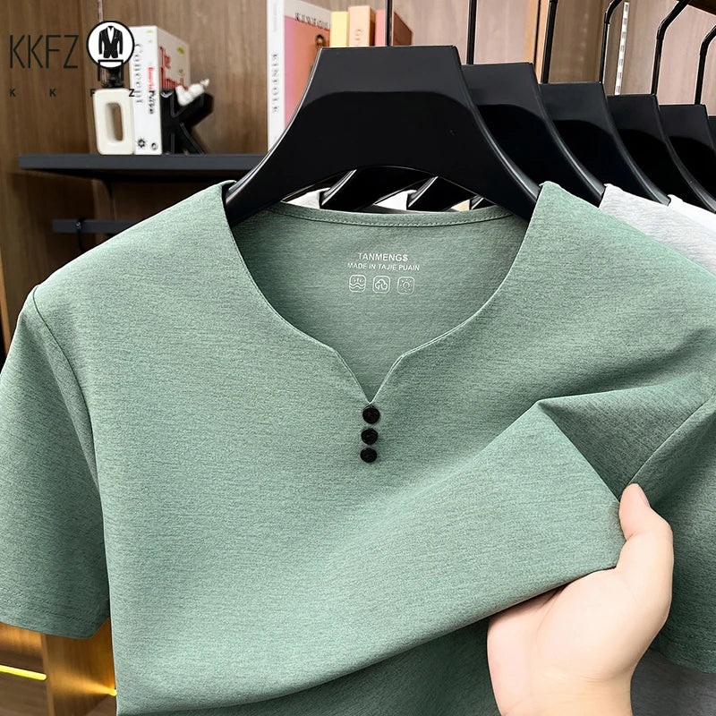 Mens Soft Breathable V Neck Tee With Henley Button Design Comfortable For All Seasons Daily And Casual Wear Activities