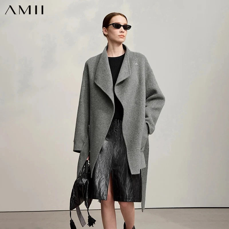 Amii Women's Coat 2026 Winter New Elegant Versatile Loose Wool Coats for Woman Long Sleeve Asymmetry Overcoat Female 12544041
