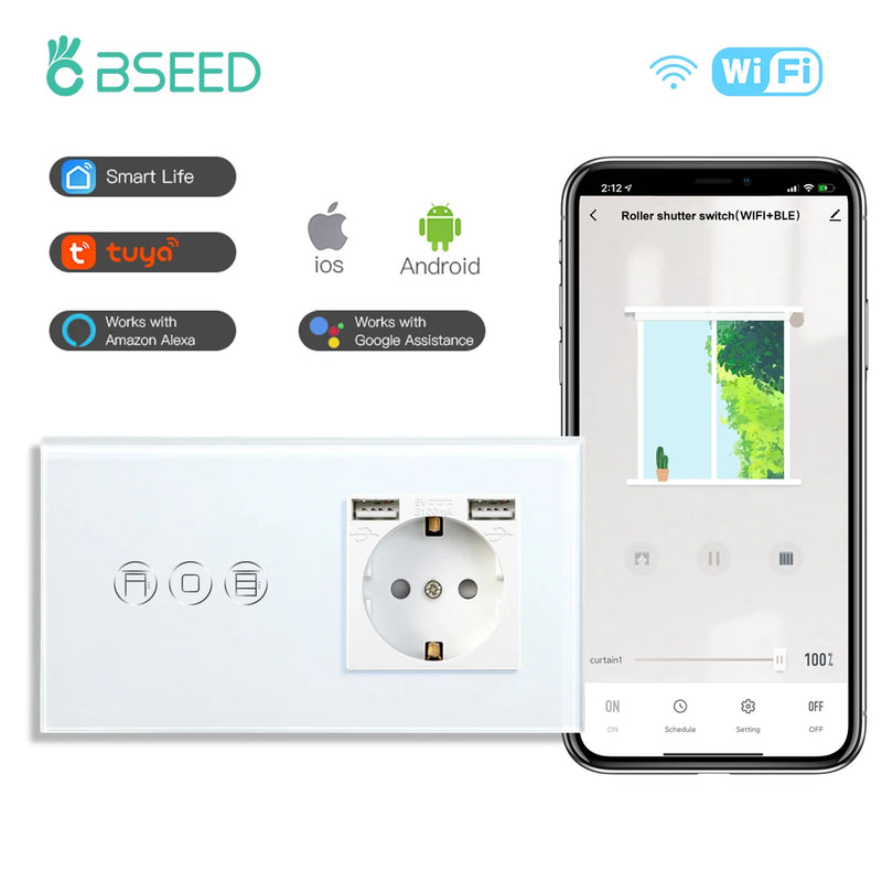 BSEED Wifi Touch Roller Shutter Switch With EU Standard Wall Socket USB Type-C Smart Wireless Blinds Switch Tuya Alexa Control
