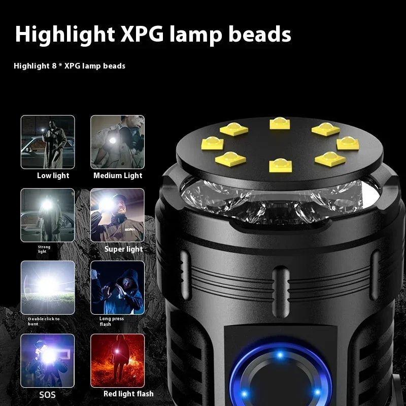 ពិល LED ថាមពលខ្ពស់ អាចសាកបានតាម USB 8 គ្រាប់ XPG កន្ទុយចង្កៀង មេដែក ក្លីបពិល ធន់នឹងទឹក ចង្កៀងតូច ចល័ត