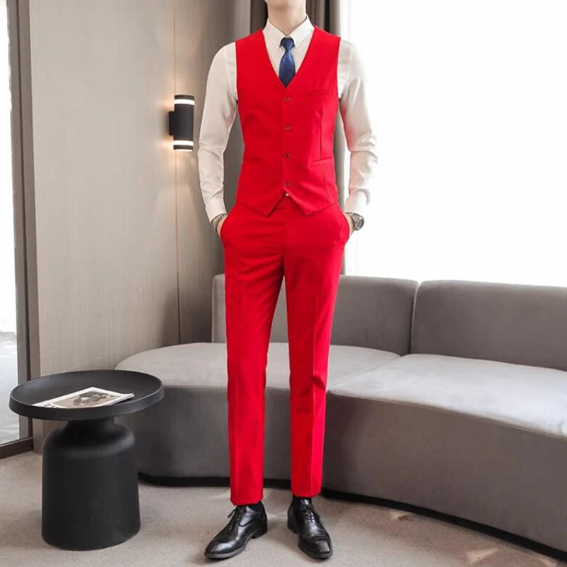 2026 Men's Bright Red V-Neck Sleeveless Vest with Pants, Green Gray Black White Purple Waistcoat and Trousers Asian Size Sets
