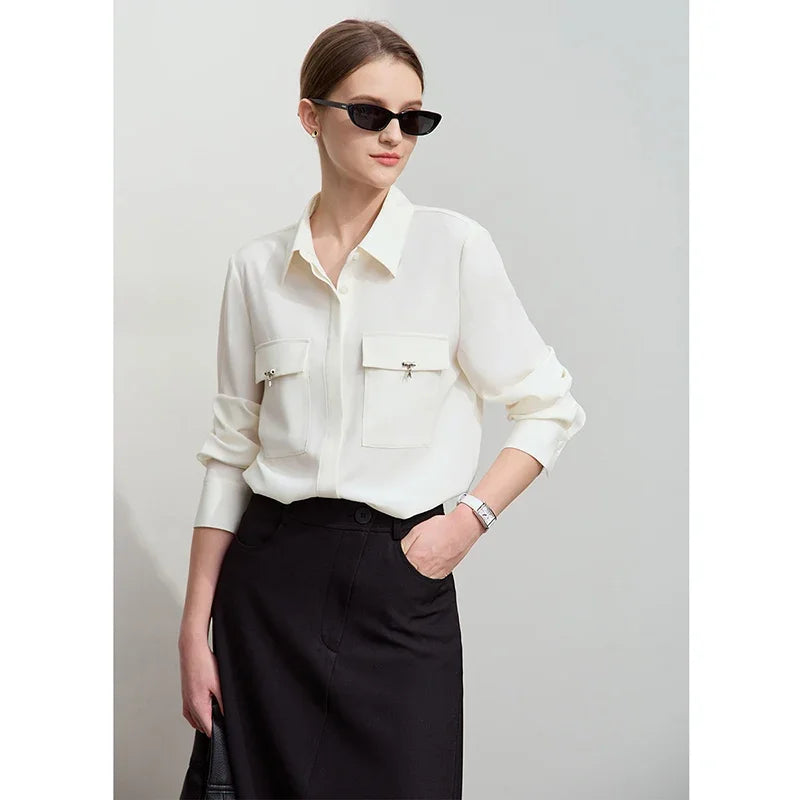 AMII Minimalist Chiffon Shirt Women 2026 Autumn New Temperament Gentle Lapel Bamboo Work Pocket Concealed Button Tops 12521032
