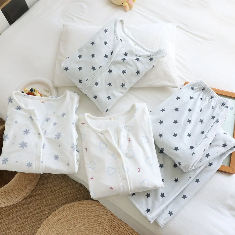 Warm Women's Pajamas Soft Pijamas Set for Women Home Suit Autumn Winter Printed Sleepwear Casual Two-piece Trousers Homewear