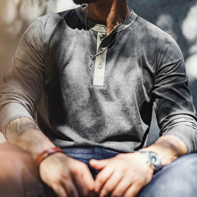 អាវយឺតដៃវែង MADEN Henley សម្រាប់បុរស ពណ៌ប្រផេះស្រាល លាយឡំជាមួយសម្លៀកបំពាក់បែប Vintage រដូវស្លឹកឈើជ្រុះ