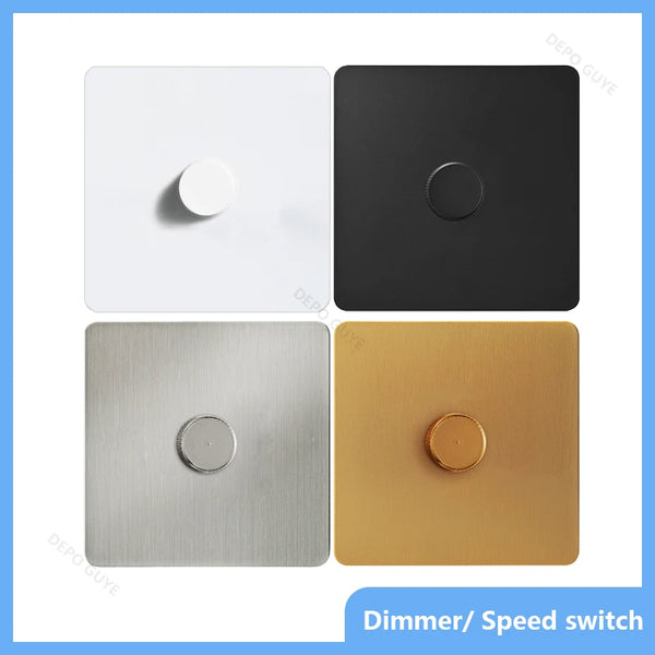 EU UK Standard Single Dimmer Switch Knob Wall Light Switch Black/White/Silver/Gold Stainless Steel Panel Speed Fan Contro Switch