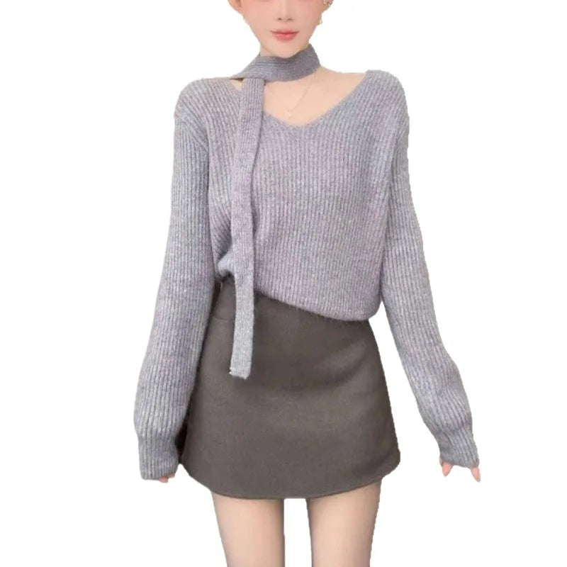 Gentle Soft V-neck Streamer Sweater Women's Autumn Winter Loose Lazy Feel Bottom Knitted Top Spring Pullover Jumper Female