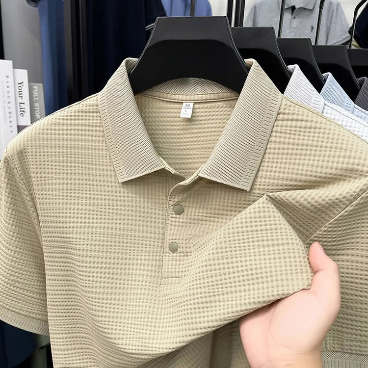 2026 Men's Waffle Knit Polo Shirt - 3D Textured Lapel, Quick Dry & Stretchy, Business Casual Style