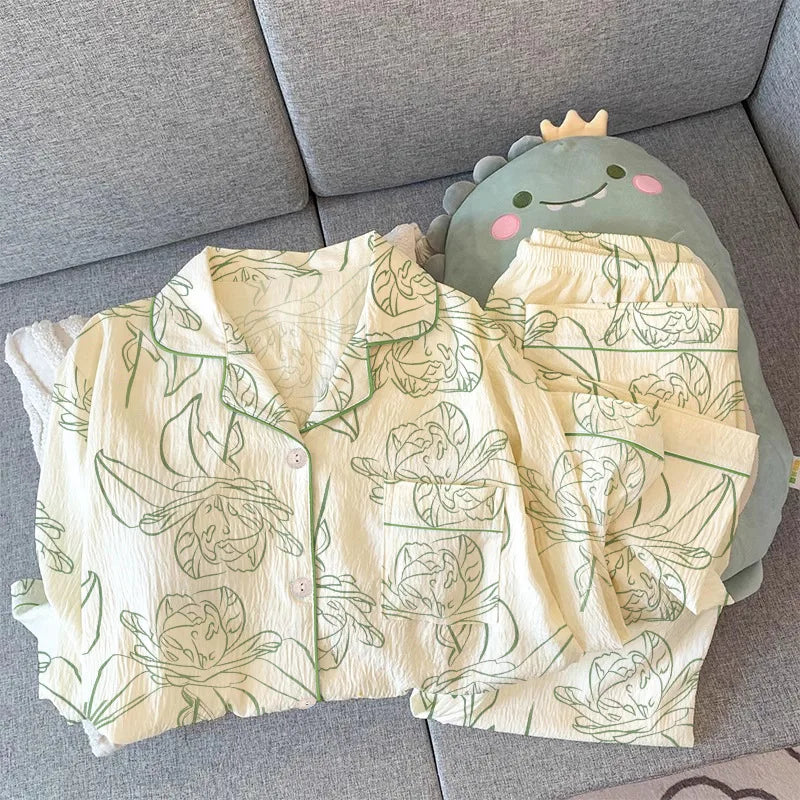 Fashion Printed Women's Pajamas Set Lapel Collar Shirt Trousers Sets Spring Autumn Sleepwear Pyjamas Femme Night Home Suit