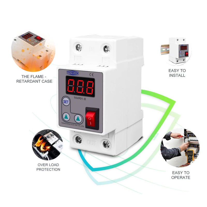 TOMZN NEW Type Din Rail Adjustable Overcurrent Protective Relay, 230V 1-63A, Current Limit Monitor & Protective Device