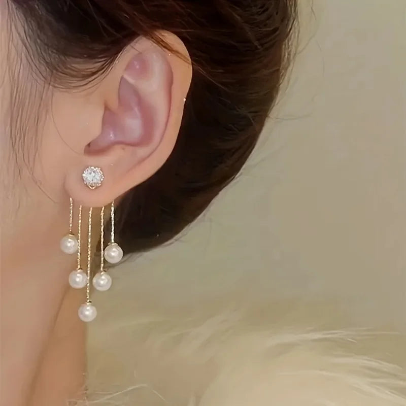 2Pcs Silver Needle Luxury Earrings Fashion Two Pearl Tassels Fashion  Earrings，Light luxury pearl earrings，Female gift giving