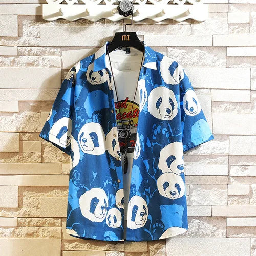 2026 Men's Blue Short-sleeved Shirt, Summer Cotton Shirts, White Yellow Single Breasted Lapel Top Chemise Giant Panda Pattern