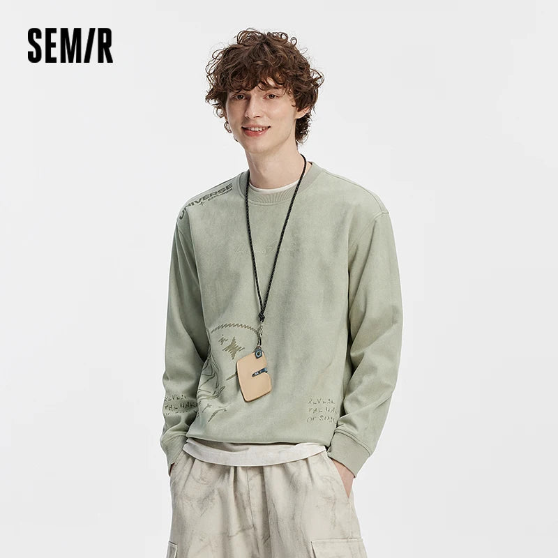 Semir Men Sweatshirt Suede Feel Print Crew Neck Knit Pullover Slight Loose Casual Style Autumn Top Daily Wear 2026