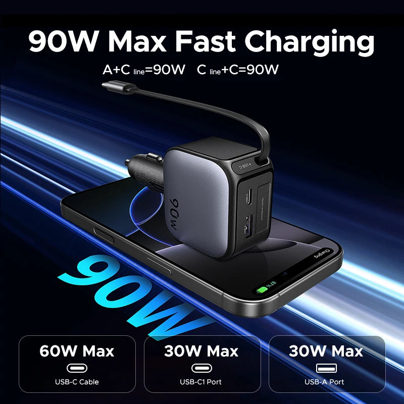 UGREEN 145W 90W 60W Car Charger 3 USB-C & 1 USB-A Ports PD QC4.0 Fast Charging with Retractable Cable for iPhone 18 17 MacBook