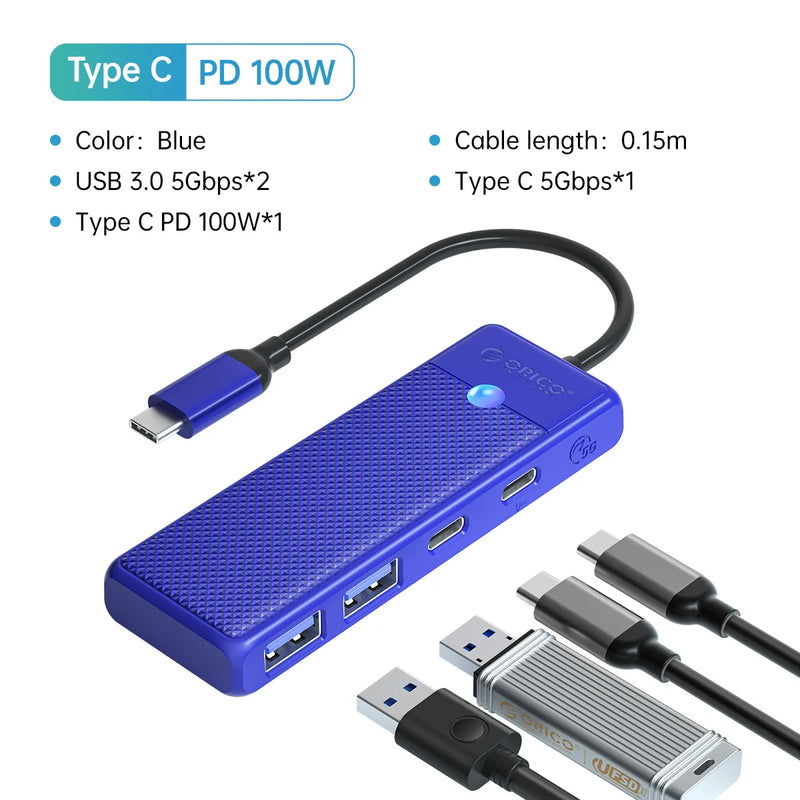 ORICO USB 3.0 Hub USB Adapter Port Extender SD/TF Card Reader PD100w Charging Port Compatible With PC Laptop 5Gbps hub