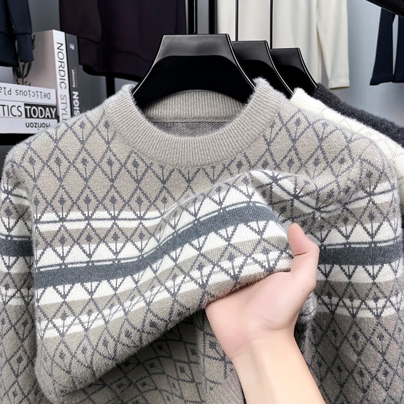 High Quality Man Long Sleeved Knitted Sweater Crew Neck Stripes Color Blocking Geometric Pattern Autumn Winter Leisure Pullover