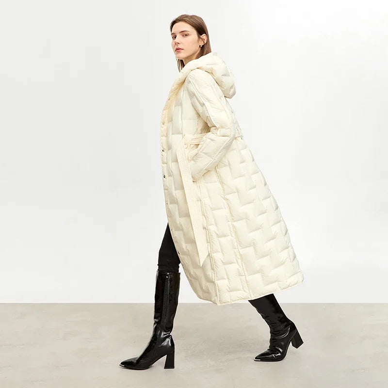 AMII Minimalist Duck Down Jacket For Women New 2026 Winter Solid Long Thick Warm Hooded Coat With Belt Trendy Outerwear 12324013