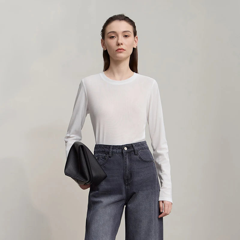 Amii Long Sleeve T-shirt 2026 Autumn New Shiny Casual ONeck Slim T-Shirt Women's Solid Color Versatile Mesh Knitted Top 12523045