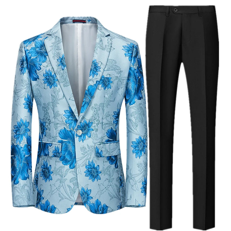 2026 Men's Two-Piece Set, Wedding Party Jacket and Trousers in Black with Red Flowers Jacquard Fabric Slim Fit Men Coat & Pants.