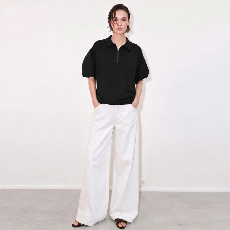 Amii Women's T-Shirt 2026 Summer New Lapel Collar Beaded Zip Drop Shoulder Cotton Tee Casual Short Sleeve Top For Women 12622097