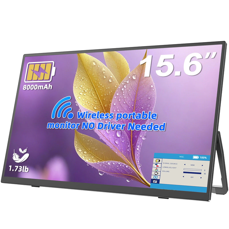 ម៉ូនីទ័រចល័តឥតខ្សែ UPERFECT ដំណើរការដោយថ្ម គាំទ្រ AirPlay Miracast ទំហំ 15.6 អ៊ីញ 1080P IPS អេក្រង់ខាងក្រៅ USB-C HDMI