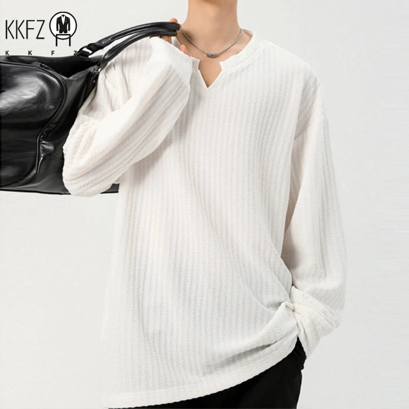 Daily Urban Henley Shirt Men Long Sleeve Split Notch Neck Vertical Texture Soft Fabric Basic Fashion Outer Garment