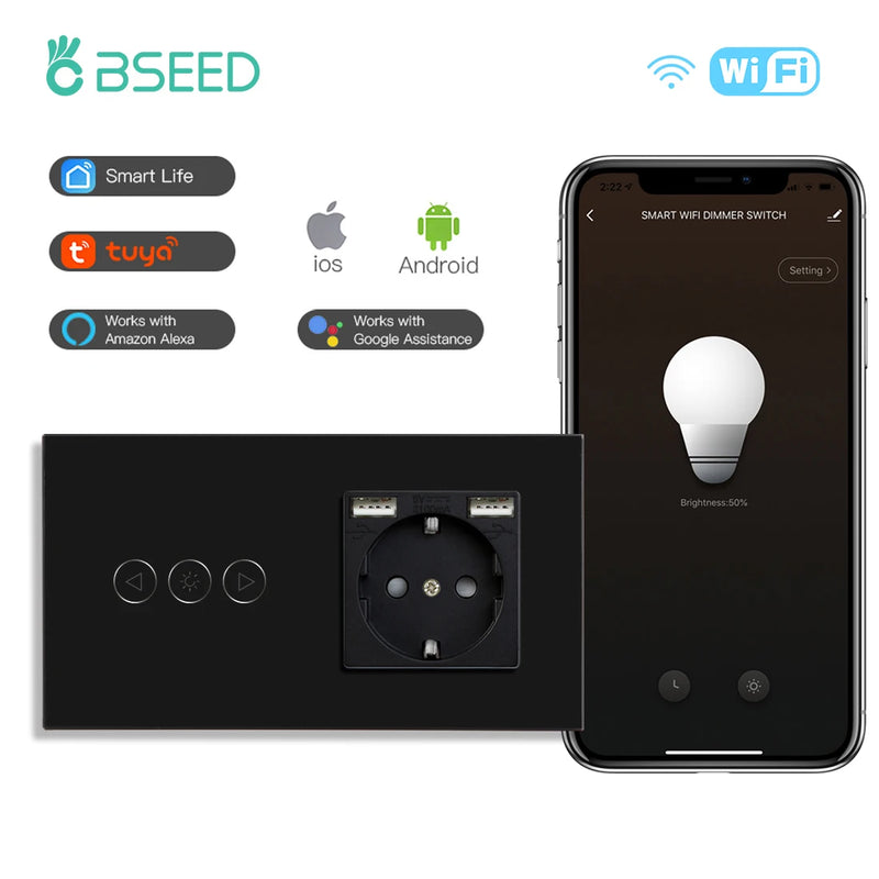 BSEED Wifi Dimmer Switch Smart Dimmable Touch Switch With EU Socket Glass Panel Support Tuya Smart Life Google Home Control