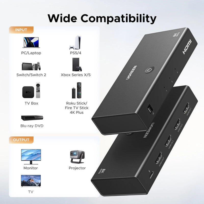 UGREEN HDMI 2.1 Switcher 8K 60Hz HDMI-compatible Switch 3 in 1 Out with Remote Control Converter For Xbox PS5 Monitors