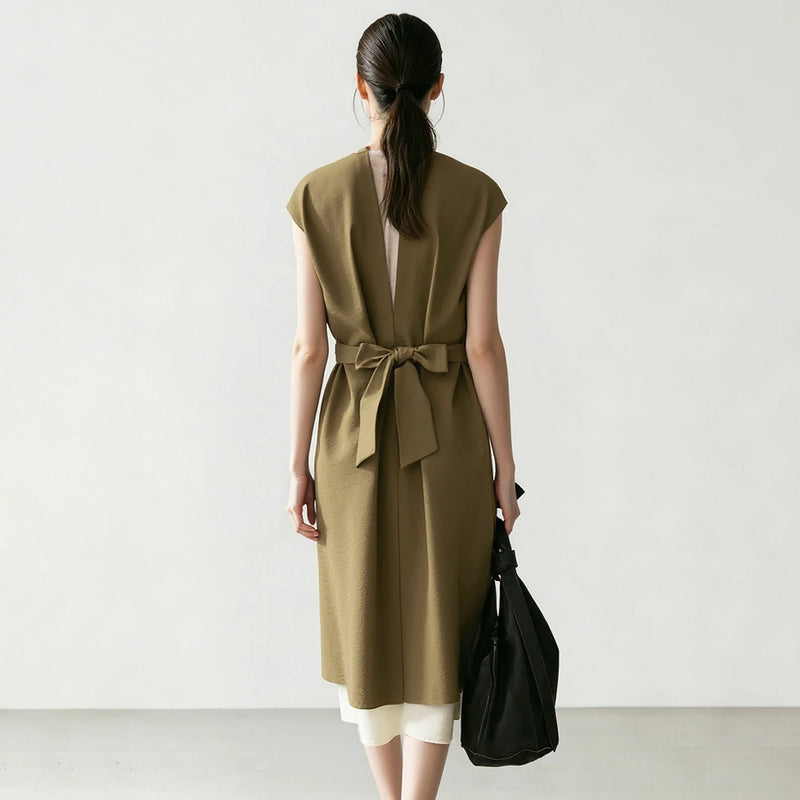 Amii Women's Dress 2026 Summer New Layer Tie Color Block Patchwork Office Lady Midi Dress Loose Shift Woman Clothing 12652053