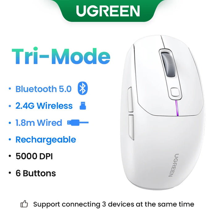 UGREEN Gaming Mouse 5000DPI Wireless Mouse Bluetooth 5.0 2.4G Wired Rechargeable Gamer Mice 6 Buttons For MacBook Tablet Laptops Tri-Mode White CHINA