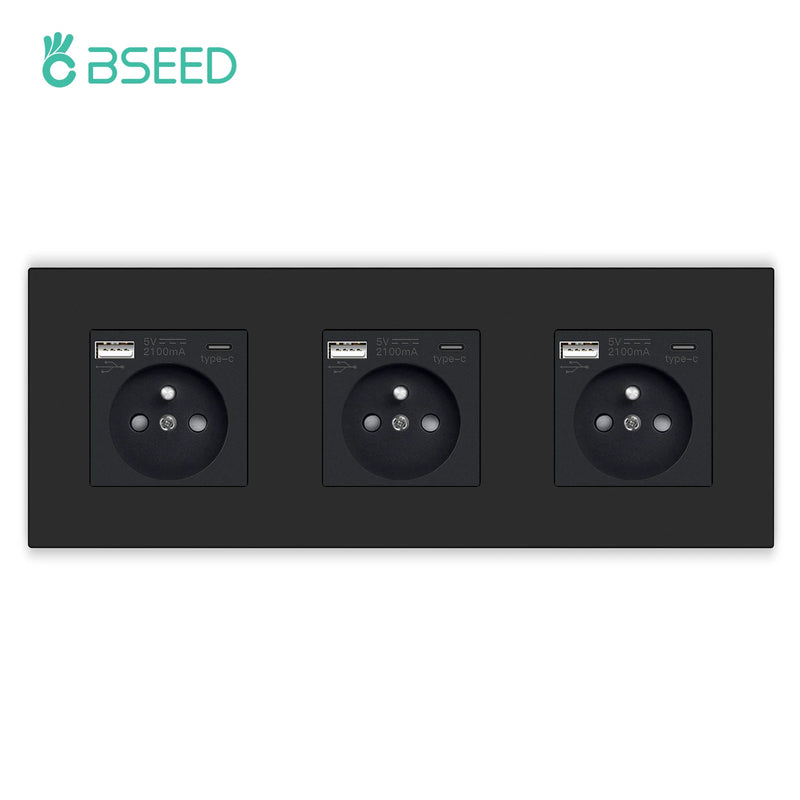 BSEED French Wall Power Socket Dual USB Type-C Charging Interface for Phone/PC Plastic Frame French Electric Outlet 250V