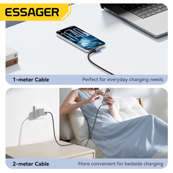 ខ្សែសាក Essager Elbow PD100W USB C ទៅ USB C សម្រាប់ iPhone 17 16 15 Pro Samsung MacBook iPad Type C ខ្សែសាកទិន្នន័យលឿន