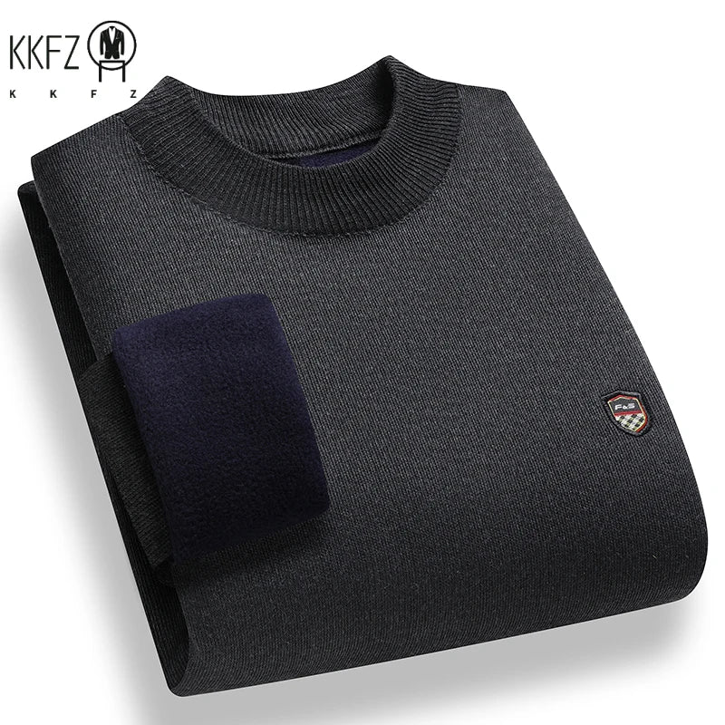 Windproof Men Plain Knitted Sweater Stretch Rib Trim Small Shield Badge Fleece Lined Office Casual Long Sleeve Top