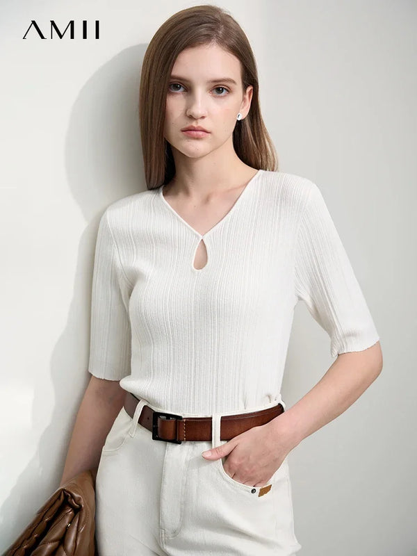 Amii 2026 Autumn Minimalist Elegant Water Drop Collar Medium Sleeve Wool Knitted Sweater Irregular Pit Strip Slim Top 12541100