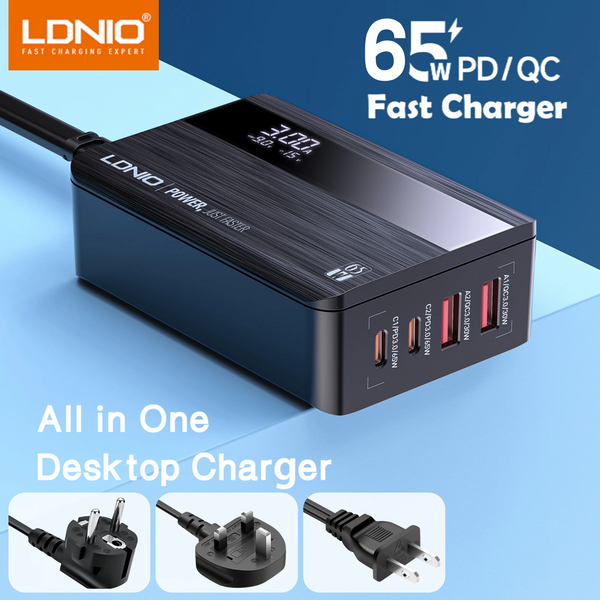 ឆ្នាំងសាក USB C 65W LDNIO ប្លុកឆ្នាំងសាក USB C 4 រន្ធ ជាមួយអេក្រង់ LED អាដាប់ទ័រឆ្នាំងសាកលឿន PPS ពហុរន្ធ ជាមួយ PD QC4.0 សម្រាប់កុំព្យូទ័រយួរដៃ