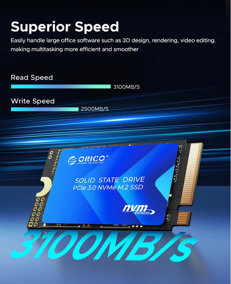 ORICO M.2 2242 1TB SSD NVMe PCIe3.0 Gen 3x4 Internal Solid State Drive 3D NAND TLC Up to 3100 MB/s for Laptop/Desktop D10 2242