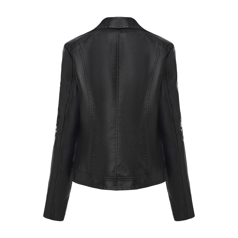 New Fall Women's Black Faux Leather Jacket; White Floral Embroidered PU Coat; Dark Brown Motorcycle-style Top.