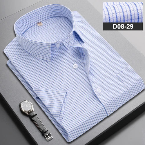 Summer Men's Vertical Striped Short-sleeved Cotton Shirt, Single-breasted Square Collar Shirts with A Pocket on The Left Chest