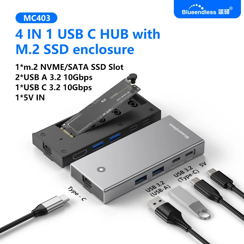 ប្រអប់ Blueendless M2 Sata/NVMe SSD Enclosure USB C Hub ស្ថានីយ៍ចតកុំព្យូទ័រយួរដៃ 4K 60Hz HDMI-Com USB3.2 10Gbps PD100W ប្រអប់ SD/TF SSD