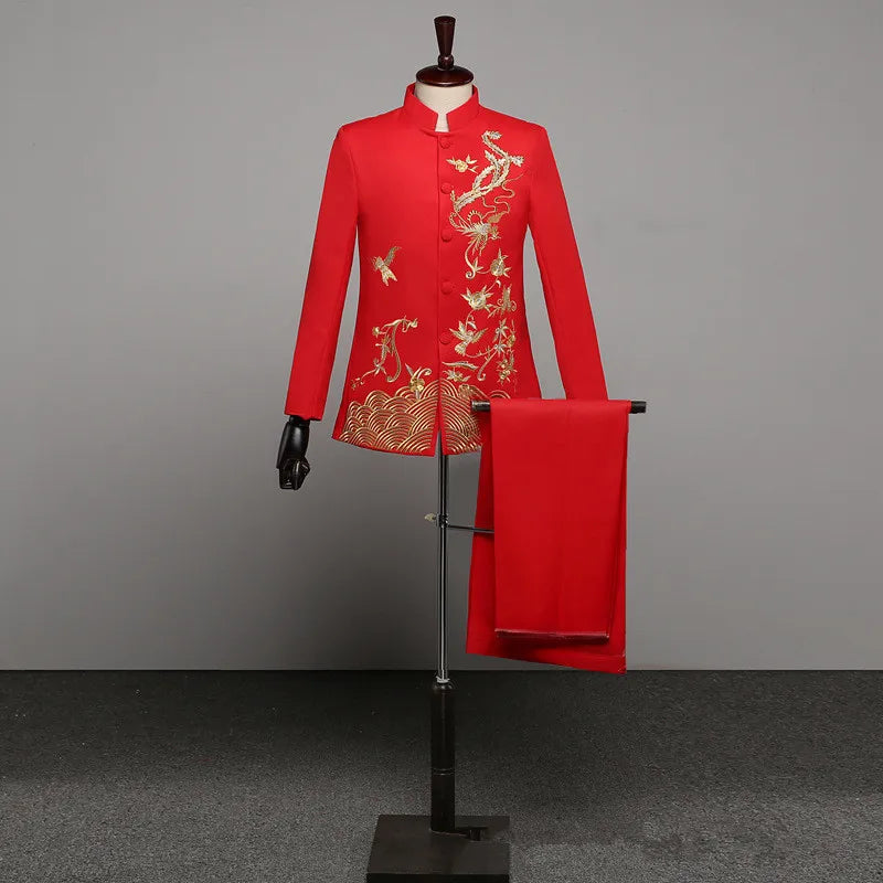 Chinese-style Men's Two-piece Suit Set Featuring A Jacket with Gold Embroidery and Matching Pants, Available in Red,White,Black.