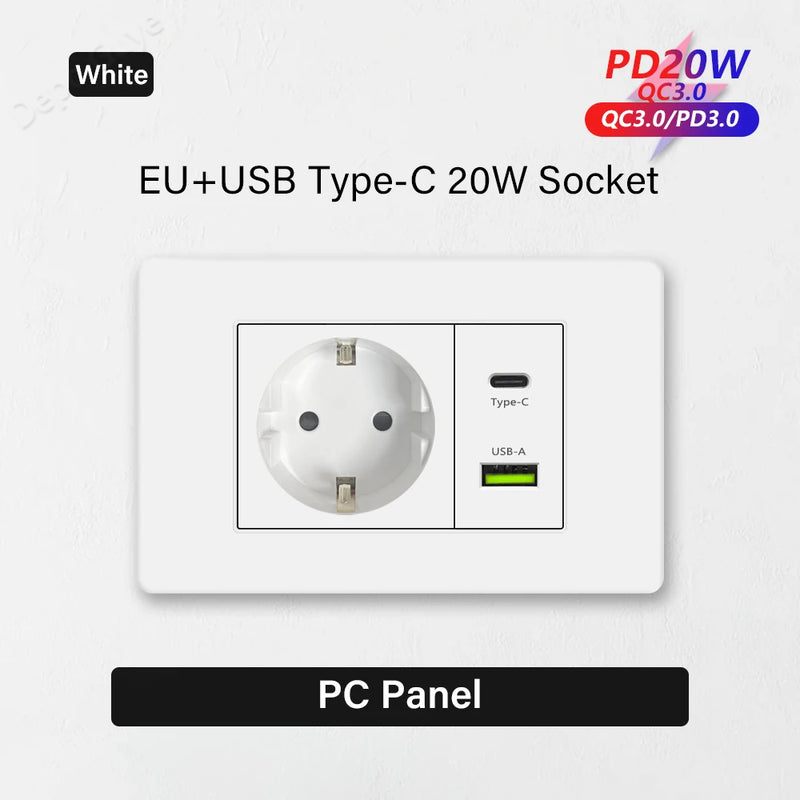 EU Korea Standard 4*2 Wall Light Switch Socket,USB Type-c 20W Fast Charger plug,1/2/3/4/Gang 2 Way Switch PC Panel Power ON OFF