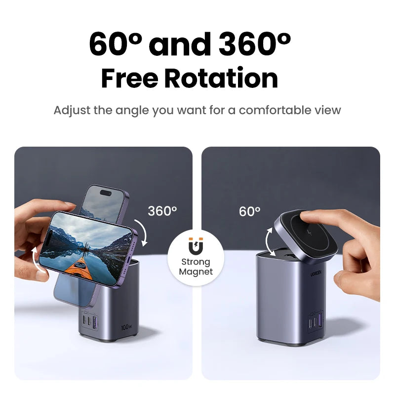 UGREEN GaN 100W Desktop Charger MFi Magnetic Wireless Charger for iPhone 17 16 15 Fast Charger Power Station for Laptop Notebook