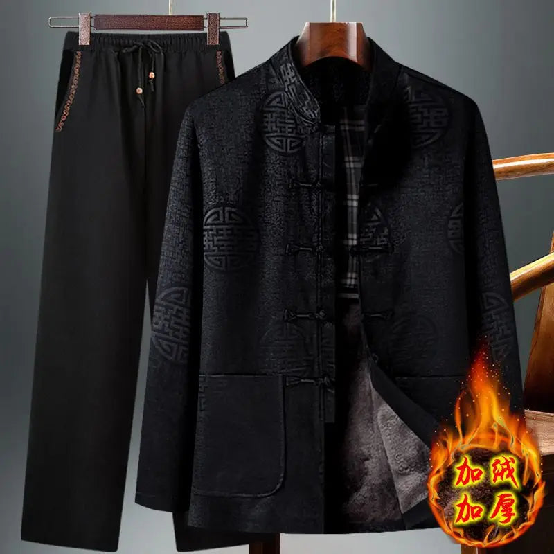 Chinese-style Men's Two-piece Set: Red Jacquard Jacket Paired with Black Embroidered Pants (available in A Thicker Version)