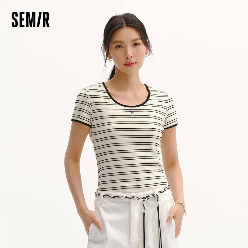Semir Women Tshirt Cool Feeling Contrast U Neck Straight Shoulder Slim Embroidery Summer 2026 Casual Fashion Top