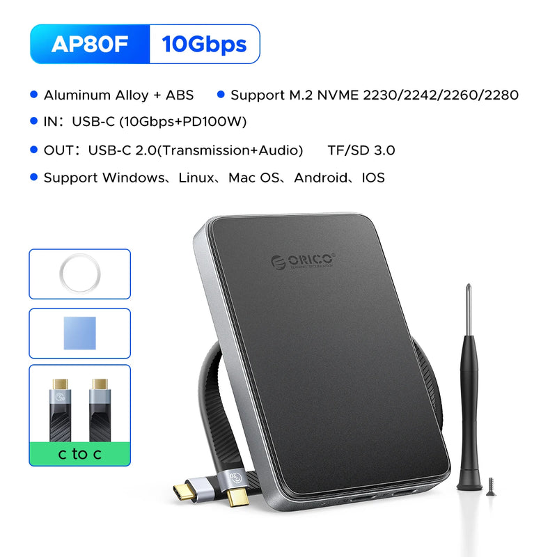 ORICO M.2 NVMe SSD Enclosure 2230-2280 MagSafe USB C 3.2 with TF/SD 3.0 Card Reader PD 100W for iPhone 16 17 Pro ProRes