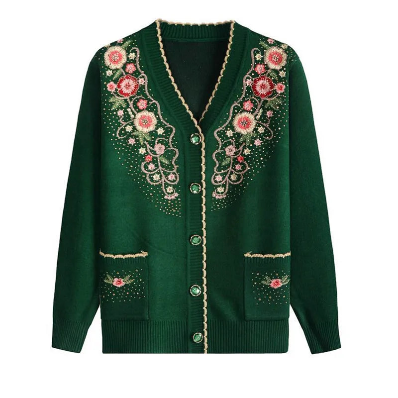 New Casual V-neck Long Sleeve Coat Female Knitted Wool Sweater Spring Autumn Middle-aged Elderly Women's Sweater Cardigan Jacket